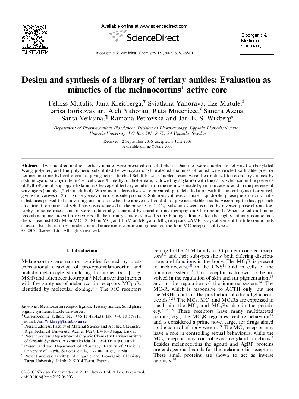 Design and synthesis of a library of tertiary amides: Evaluation as mimetics of the melanocortins’ active core