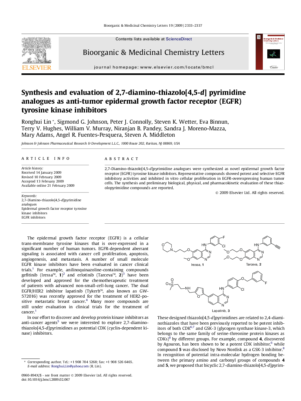 Synthesis and evaluation of 2,7-diamino-thiazolo[4,5-d] pyrimidine analogues as anti-tumor epidermal growth factor receptor (EGFR) tyrosine kinase inhibitors