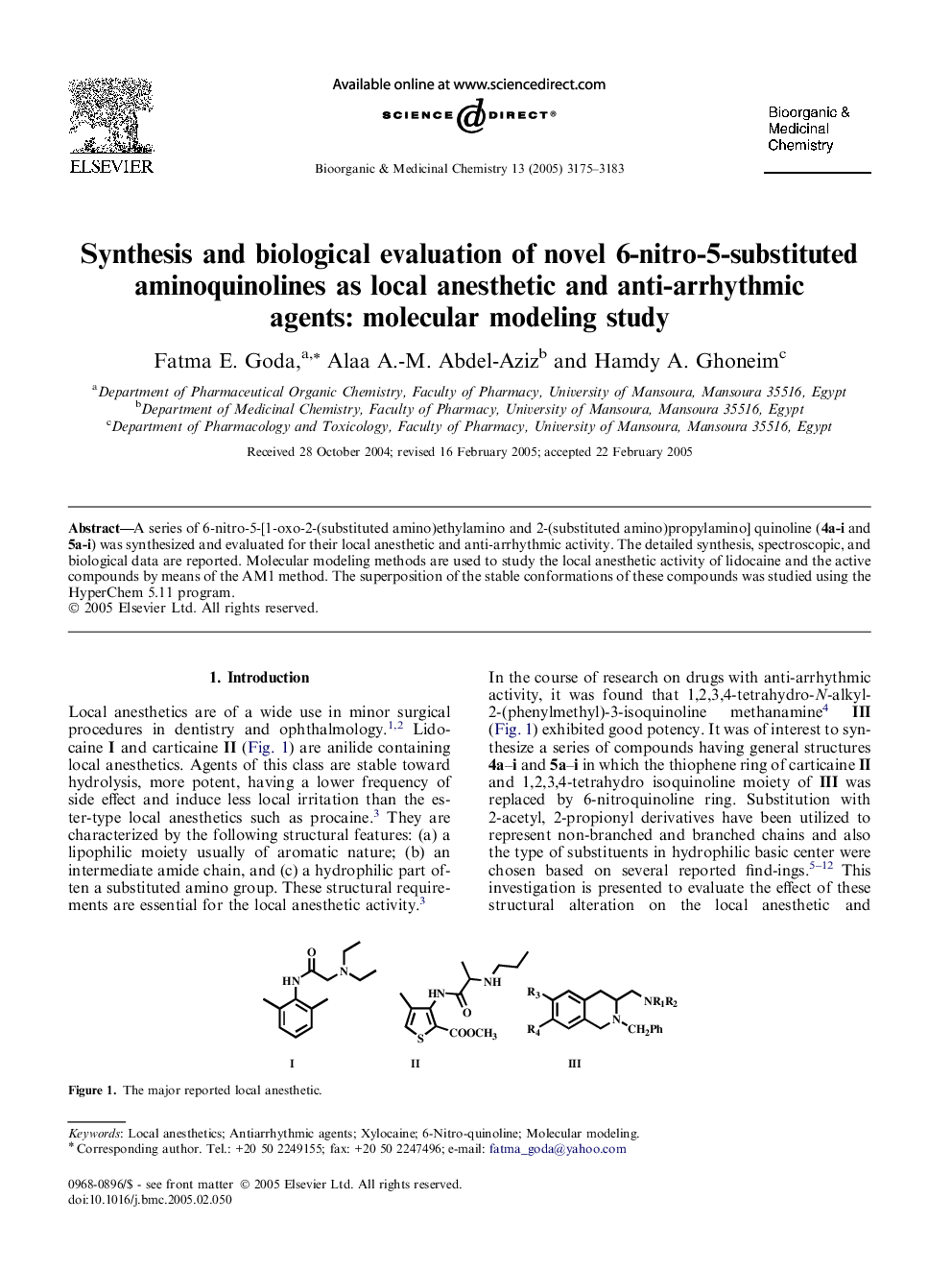 Synthesis and biological evaluation of novel 6-nitro-5-substituted aminoquinolines as local anesthetic and anti-arrhythmic agents: molecular modeling study