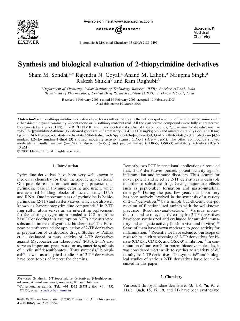 Synthesis and biological evaluation of 2-thiopyrimidine derivatives