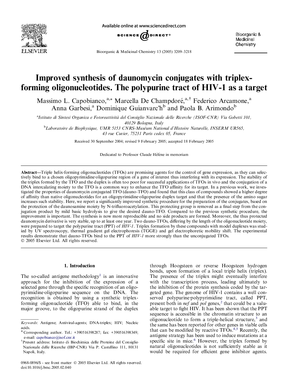 Improved synthesis of daunomycin conjugates with triplex-forming oligonucleotides. The polypurine tract of HIV-1 as a target