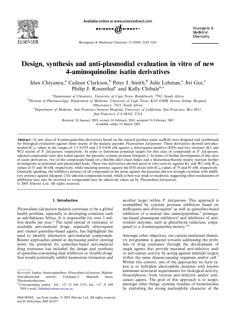 Design, synthesis and anti-plasmodial evaluation in vitro of new 4-aminoquinoline isatin derivatives