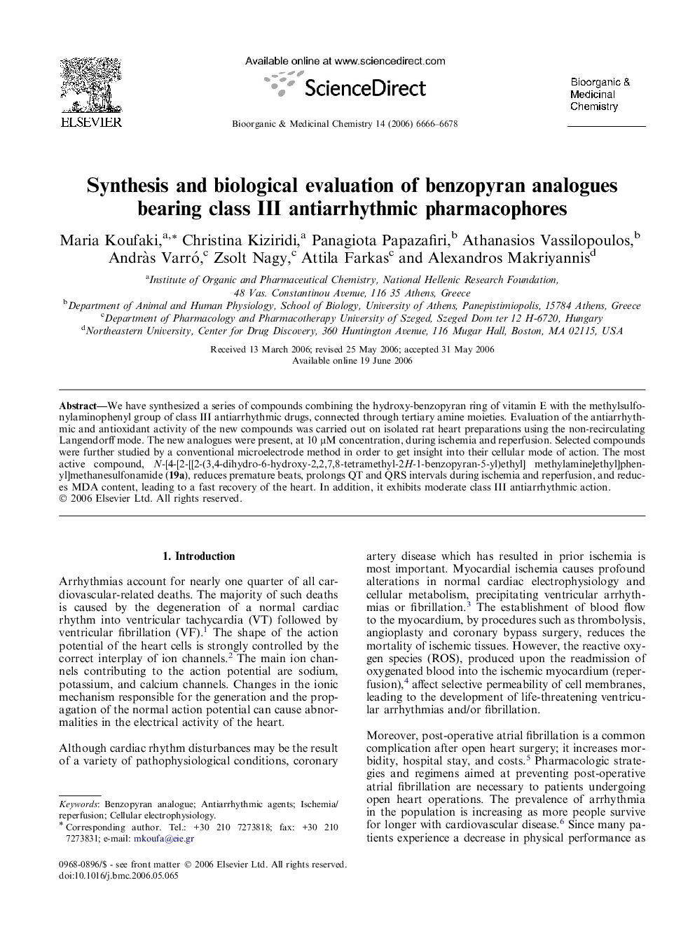 Synthesis and biological evaluation of benzopyran analogues bearing class III antiarrhythmic pharmacophores