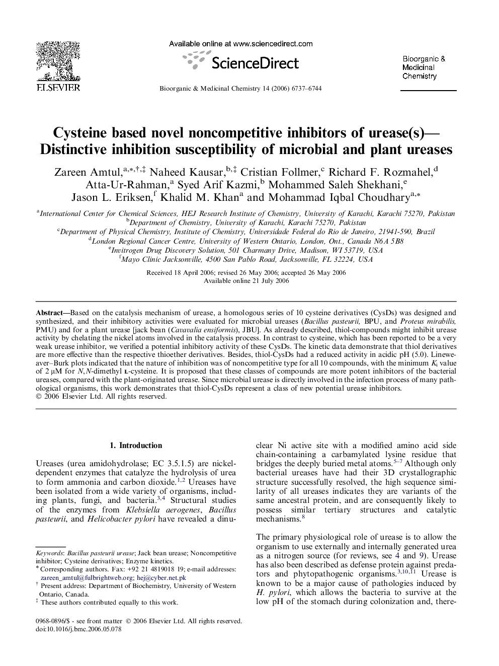 Cysteine based novel noncompetitive inhibitors of urease(s)—Distinctive inhibition susceptibility of microbial and plant ureases