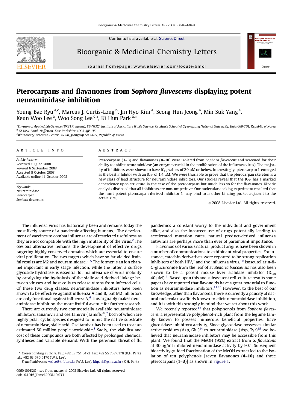 Pterocarpans and flavanones from Sophora flavescens displaying potent neuraminidase inhibition