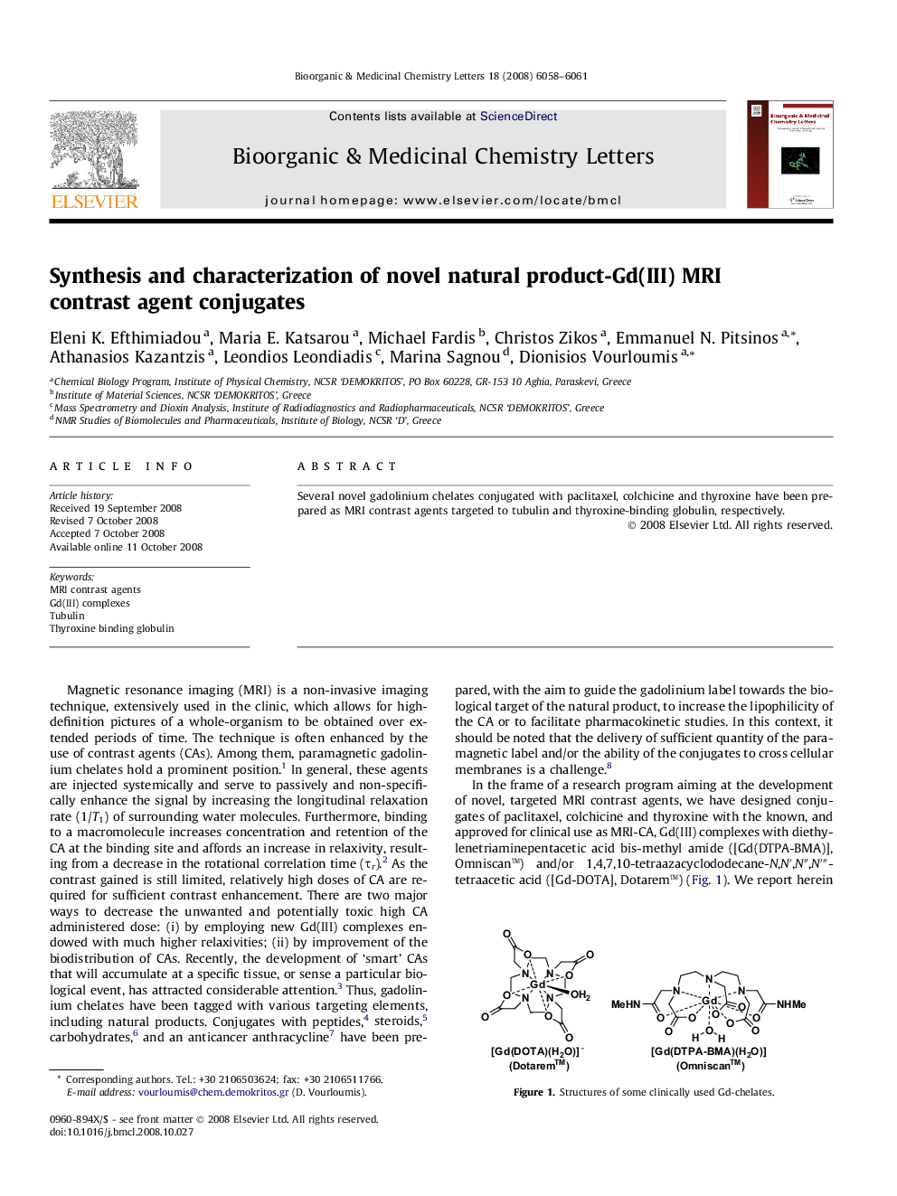 Synthesis and characterization of novel natural product-Gd(III) MRI contrast agent conjugates