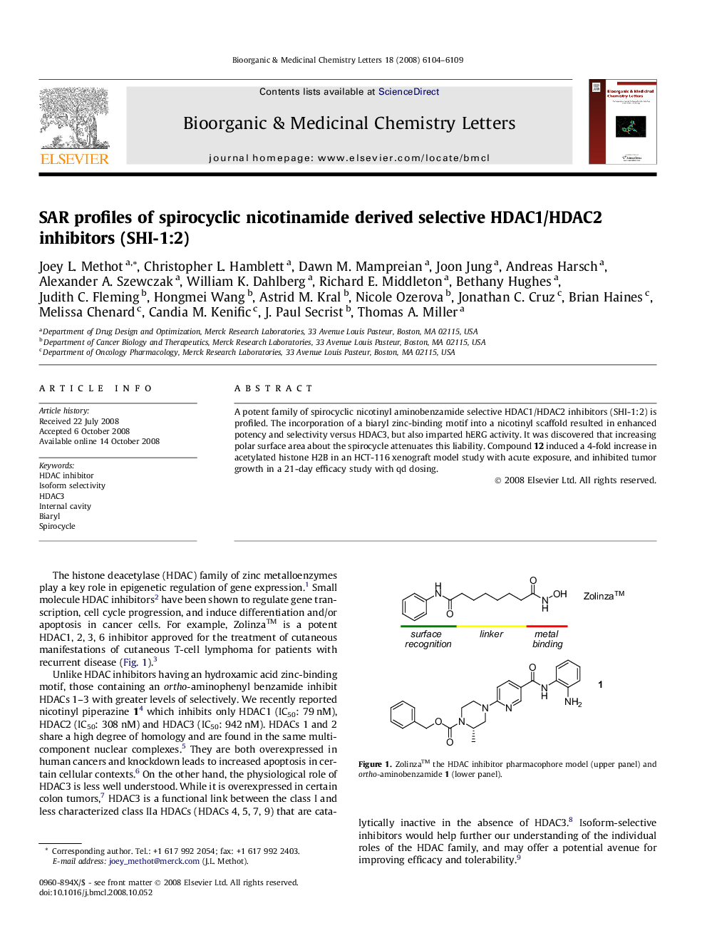 SAR profiles of spirocyclic nicotinamide derived selective HDAC1/HDAC2 inhibitors (SHI-1:2)