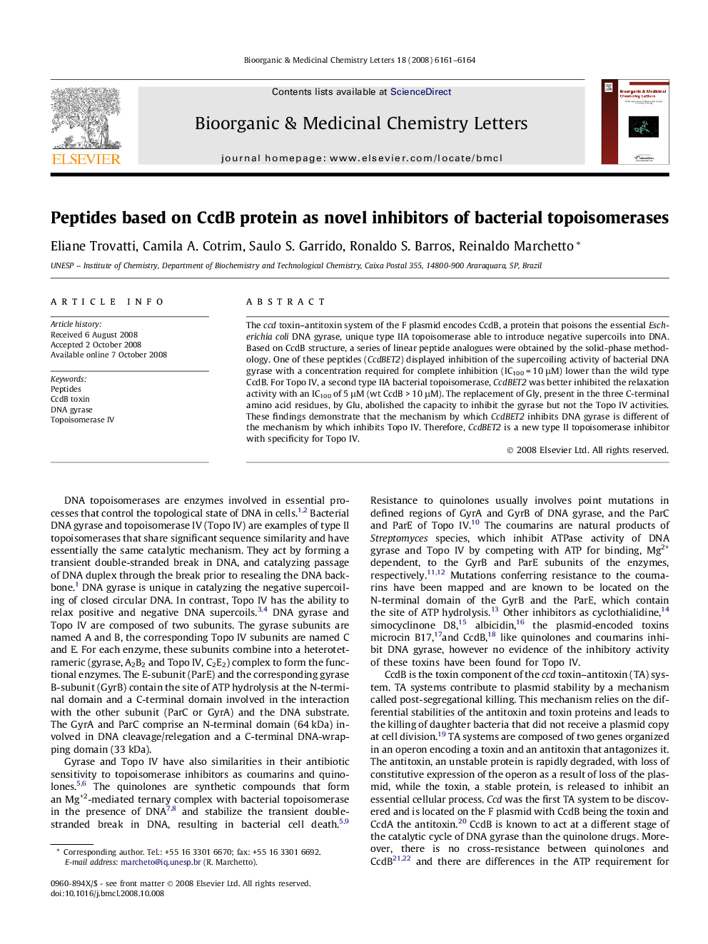 Peptides based on CcdB protein as novel inhibitors of bacterial topoisomerases