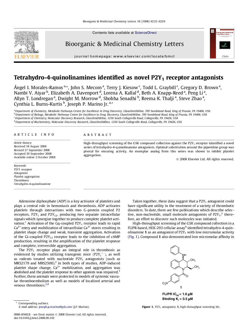 Tetrahydro-4-quinolinamines identified as novel P2Y1 receptor antagonists