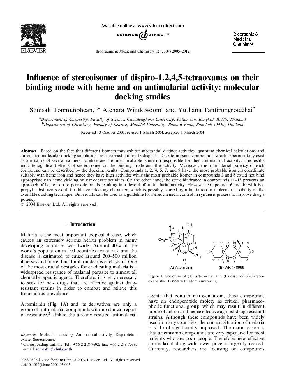 Influence of stereoisomer of dispiro-1,2,4,5-tetraoxanes on their binding mode with heme and on antimalarial activity: molecular docking studies