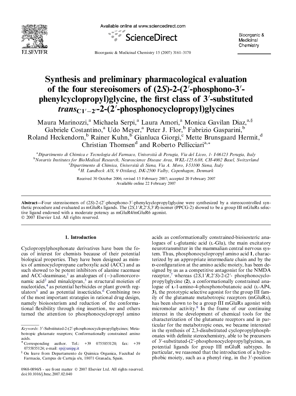 Synthesis and preliminary pharmacological evaluation of the four stereoisomers of (2S)-2-(2′-phosphono-3′-phenylcyclopropyl)glycine, the first class of 3′-substituted transC1′−2′-2-(2′-phosphonocyclopropyl)glycines
