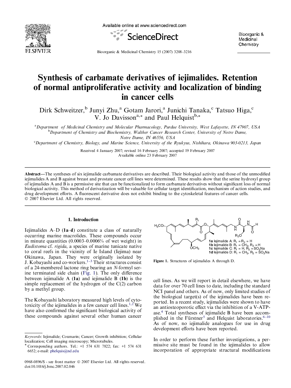 Synthesis of carbamate derivatives of iejimalides. Retention of normal antiproliferative activity and localization of binding in cancer cells