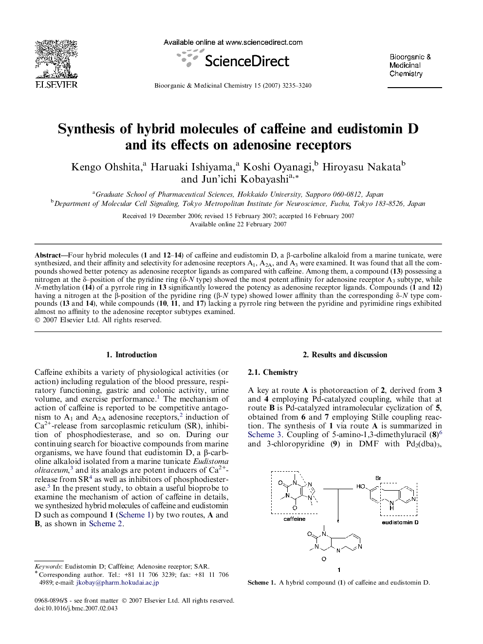 Synthesis of hybrid molecules of caffeine and eudistomin D and its effects on adenosine receptors