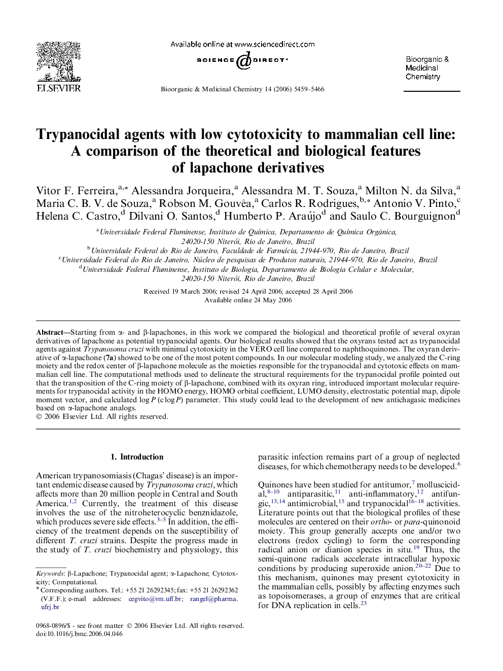 Trypanocidal agents with low cytotoxicity to mammalian cell line: A comparison of the theoretical and biological features of lapachone derivatives