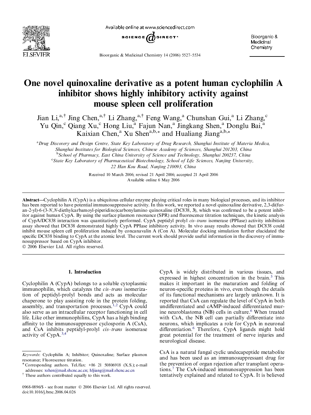 One novel quinoxaline derivative as a potent human cyclophilin A inhibitor shows highly inhibitory activity against mouse spleen cell proliferation