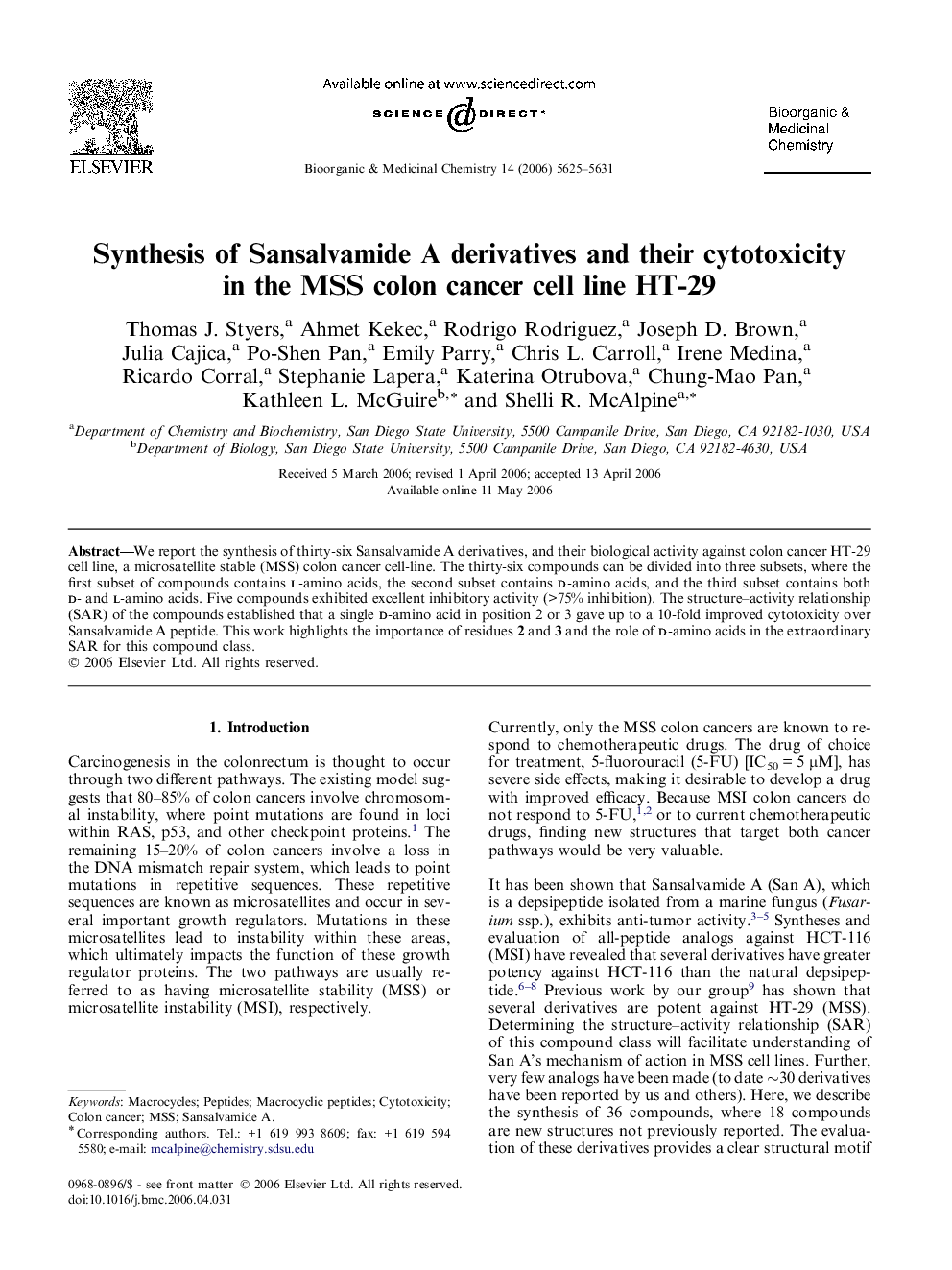 Synthesis of Sansalvamide A derivatives and their cytotoxicity in the MSS colon cancer cell line HT-29