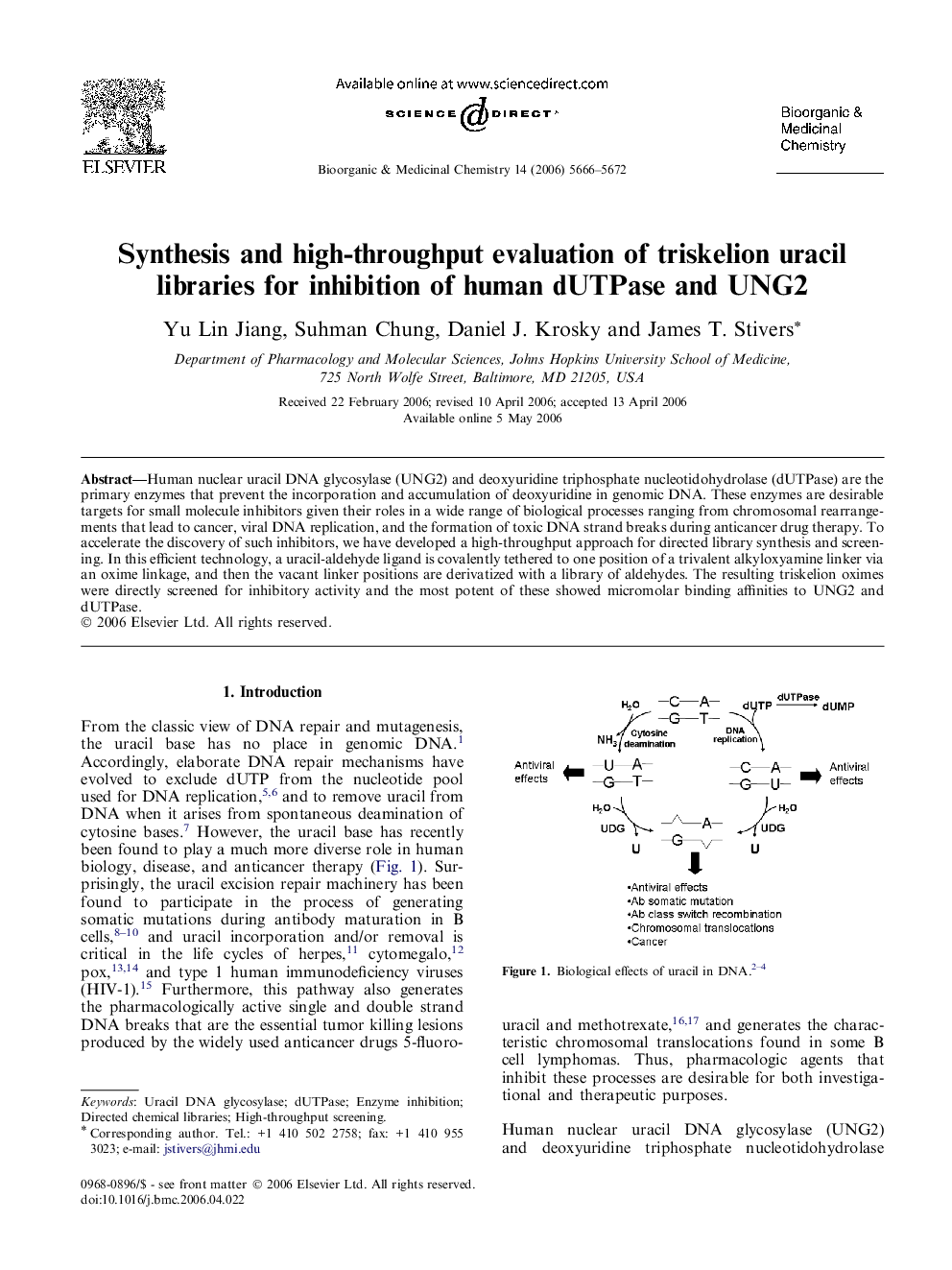 Synthesis and high-throughput evaluation of triskelion uracil libraries for inhibition of human dUTPase and UNG2