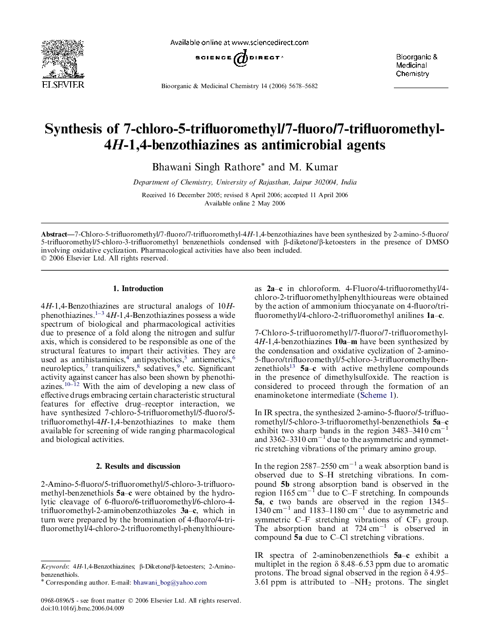 Synthesis of 7-chloro-5-trifluoromethyl/7-fluoro/7-trifluoromethyl-4H-1,4-benzothiazines as antimicrobial agents