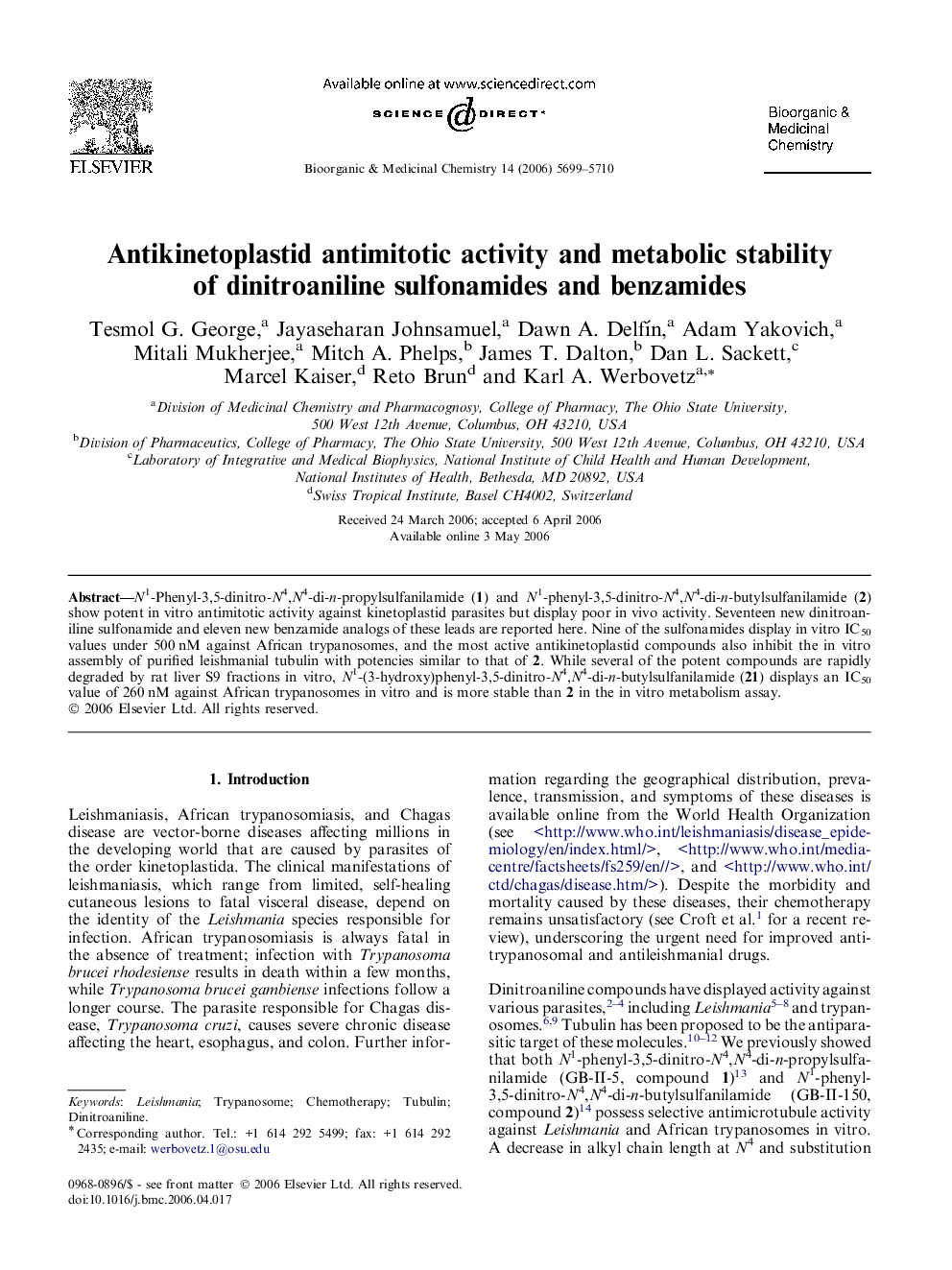 Antikinetoplastid antimitotic activity and metabolic stability of dinitroaniline sulfonamides and benzamides