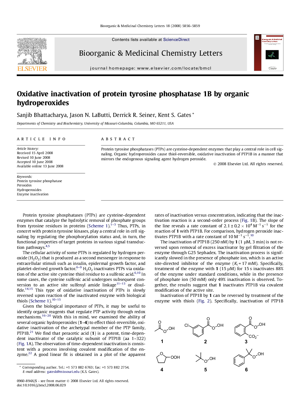 Oxidative inactivation of protein tyrosine phosphatase 1B by organic hydroperoxides