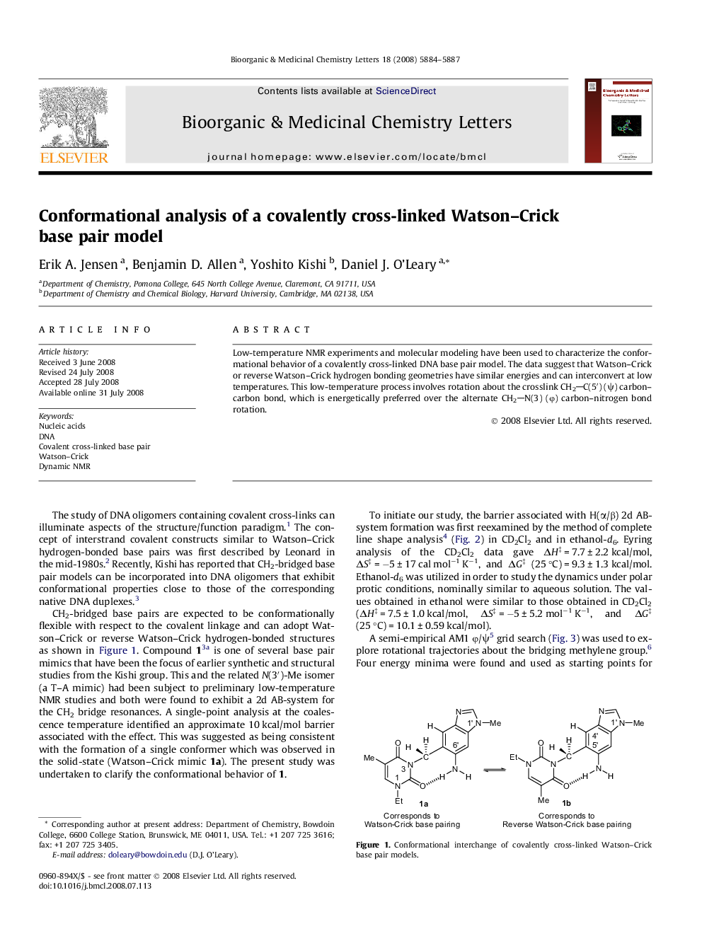 Conformational analysis of a covalently cross-linked Watson–Crick base pair model