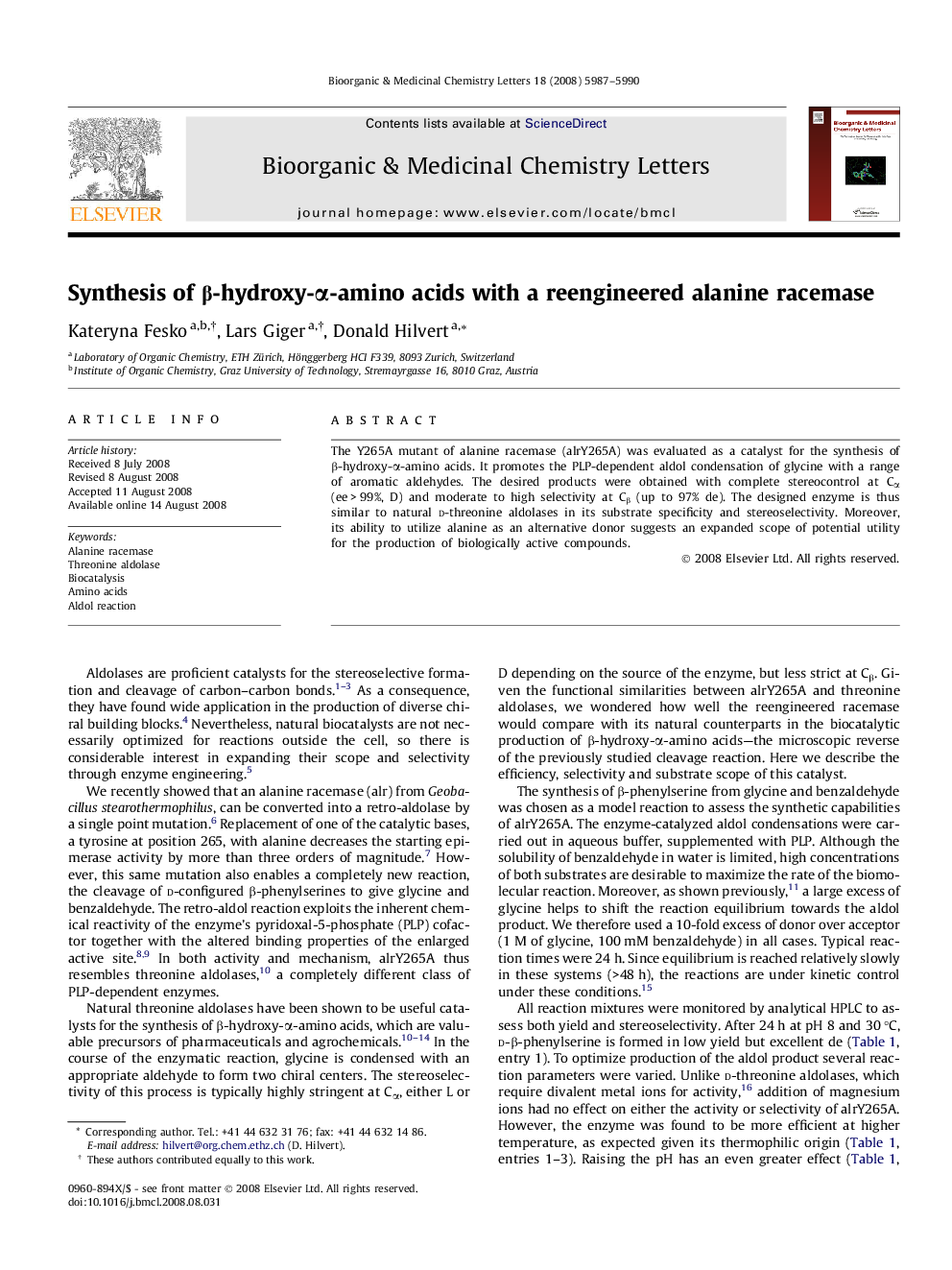 Synthesis of β-hydroxy-α-amino acids with a reengineered alanine racemase