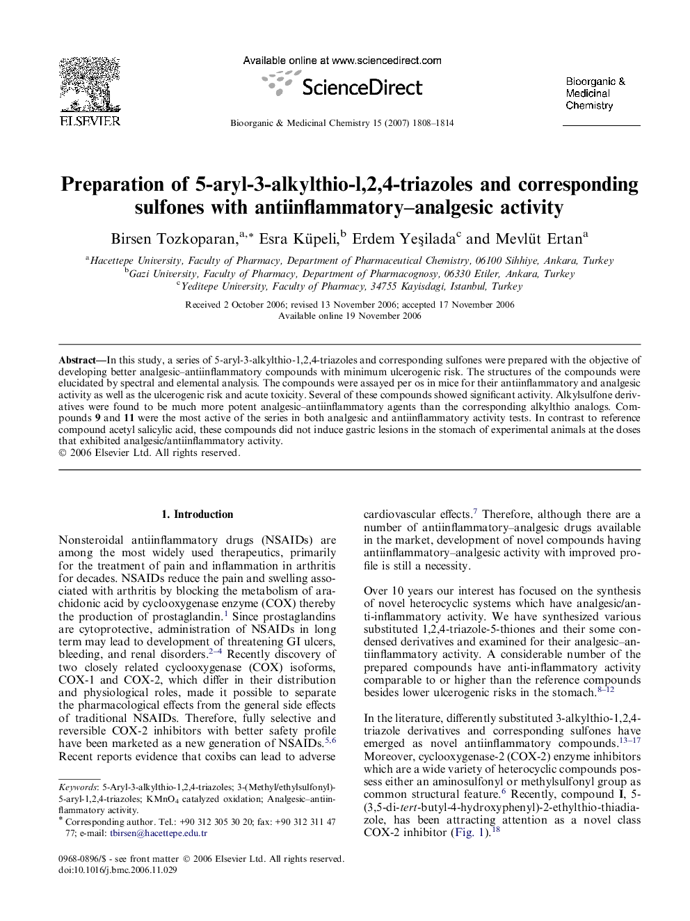 عکس صفحه اول مقاله: Preparation of 5-aryl-3-alkylthio-l,2,4-triazoles and corresponding sulfones with antiinflammatory–analgesic activity Preparation of 5-aryl-3-alkylthio-l,2,4-triazoles and corresponding sulfones with antiinflammatory–analgesic activity