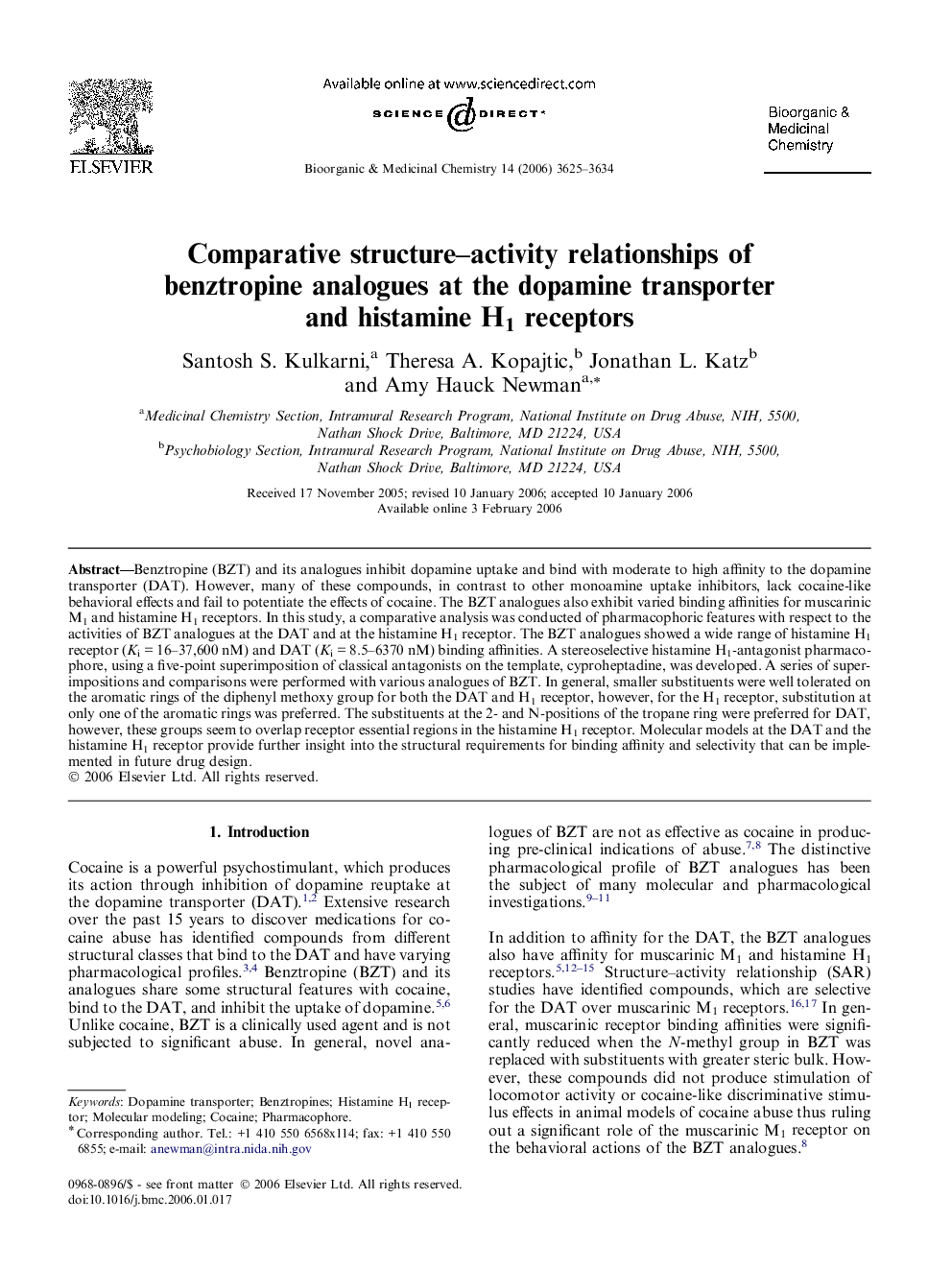 Comparative structure–activity relationships of benztropine analogues at the dopamine transporter and histamine H1 receptors