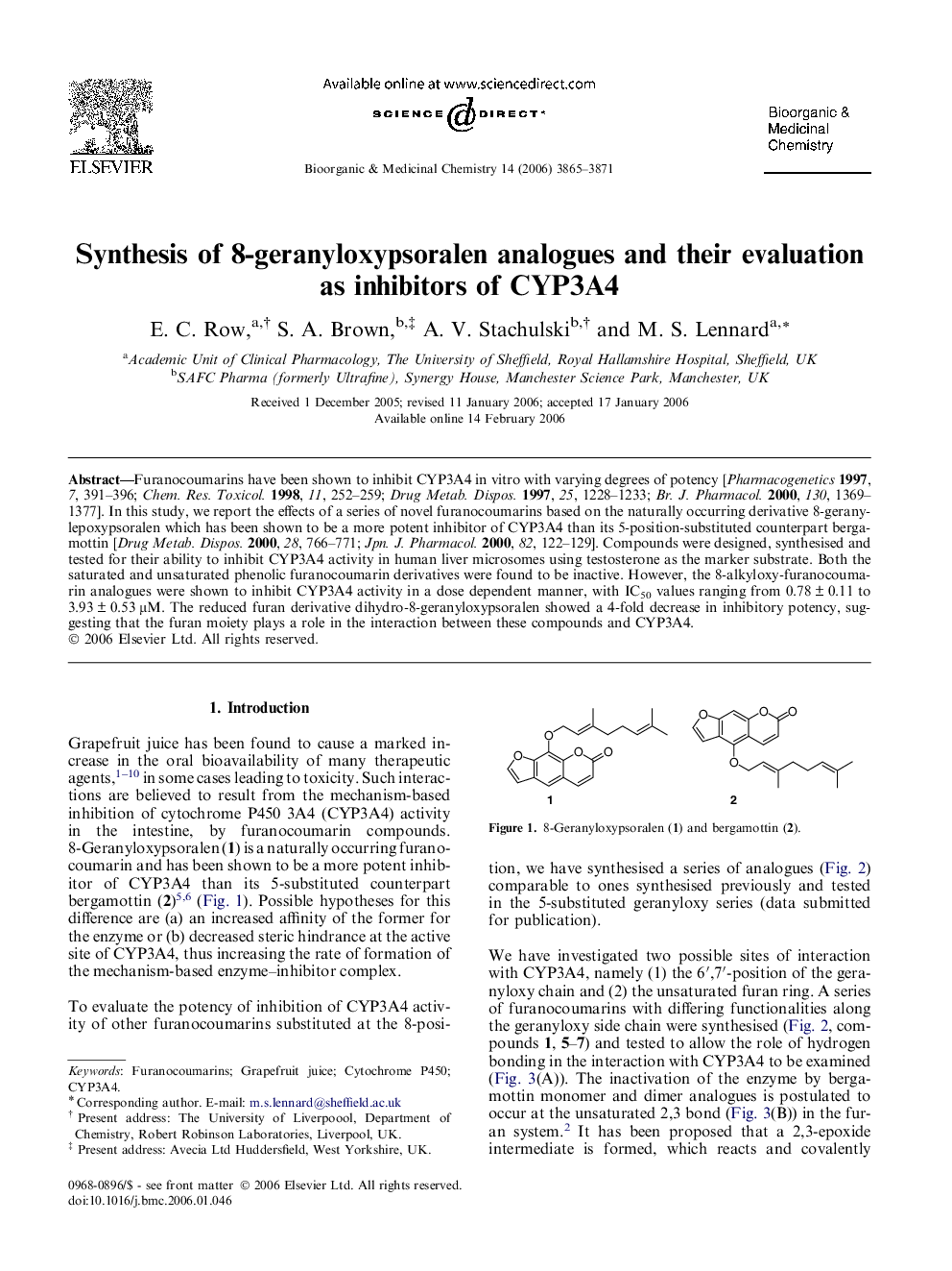 Synthesis of 8-geranyloxypsoralen analogues and their evaluation as inhibitors of CYP3A4