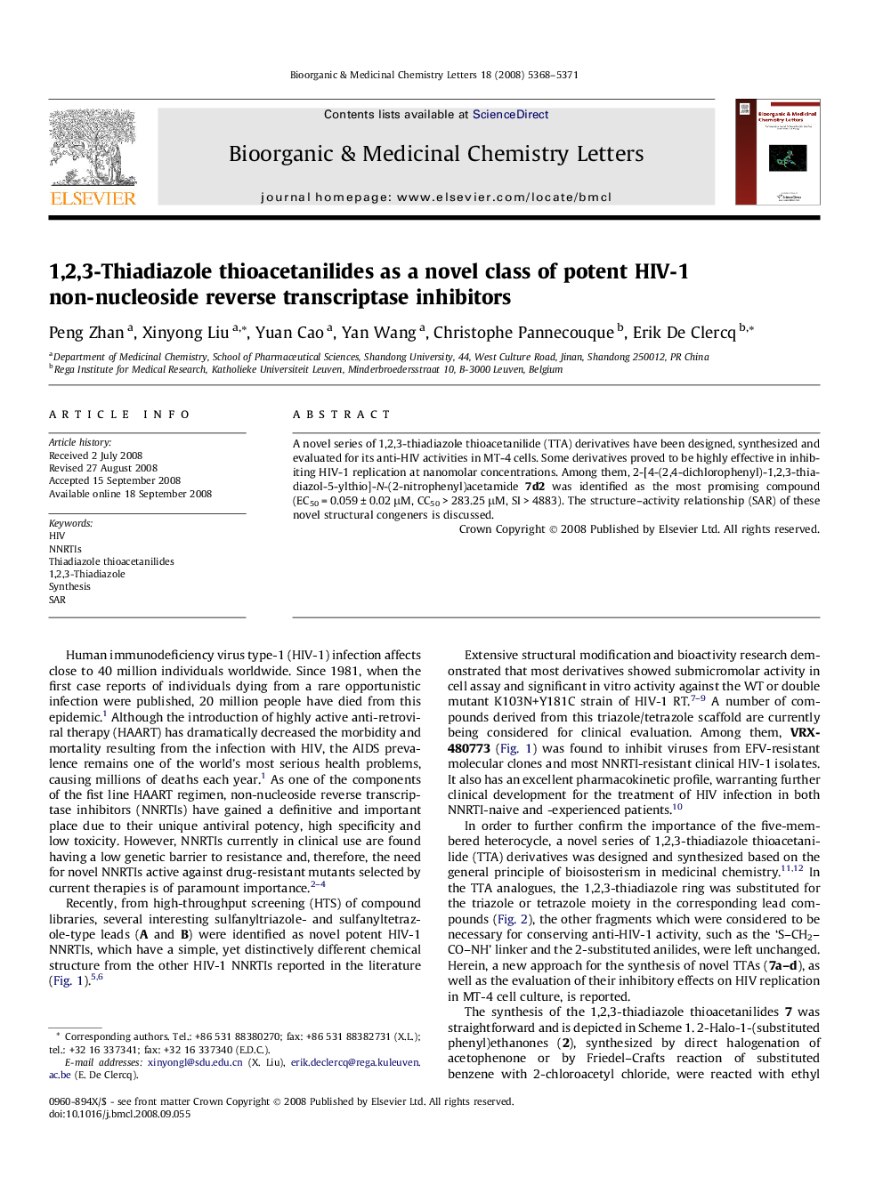 عکس صفحه اول مقاله: 1,2,3-Thiadiazole thioacetanilides as a novel class of potent HIV-1 non-nucleoside reverse transcriptase inhibitors 1,2,3-Thiadiazole thioacetanilides as a novel class of potent HIV-1 non-nucleoside reverse transcriptase inhibitors