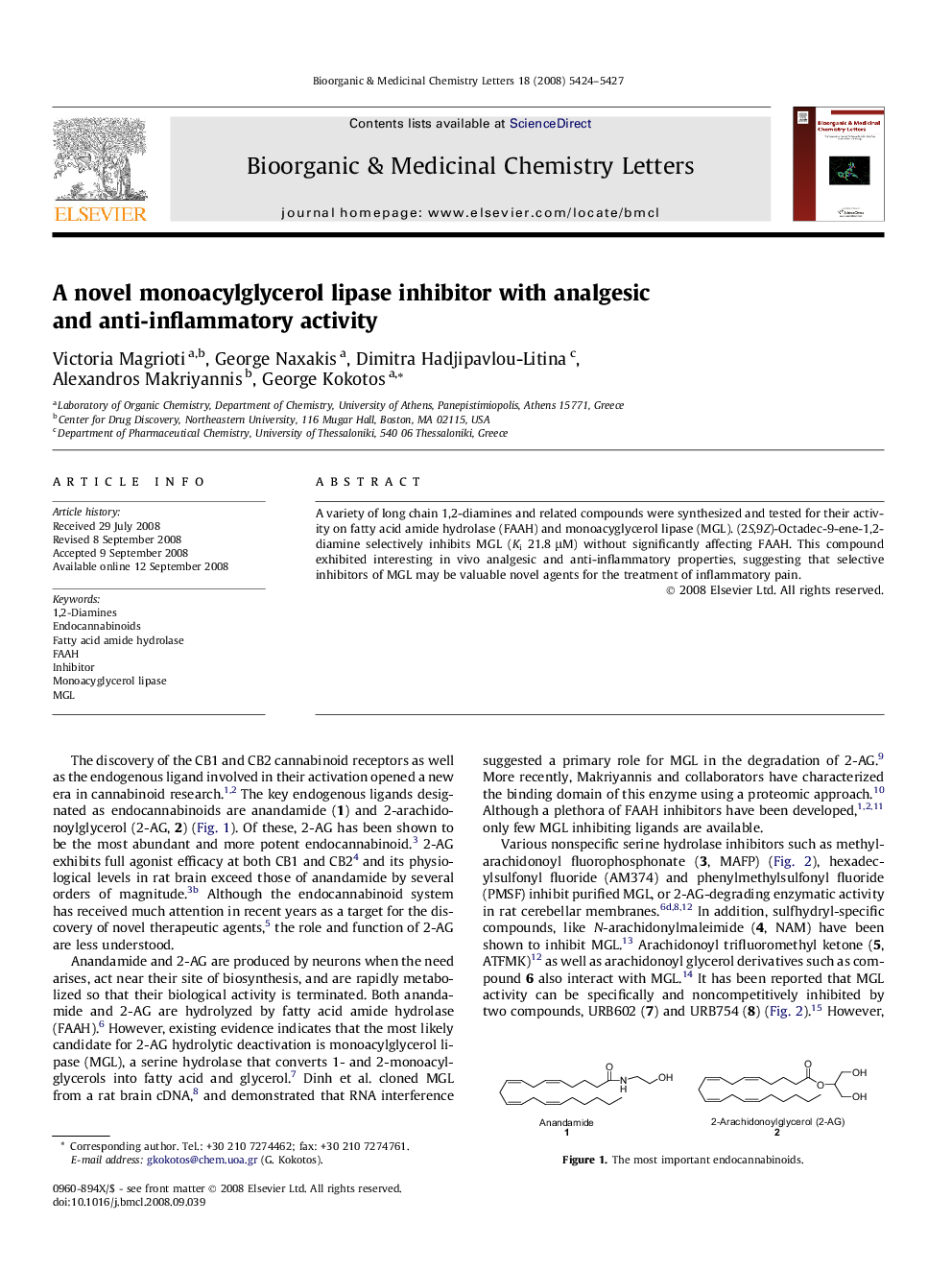 A novel monoacylglycerol lipase inhibitor with analgesic and anti-inflammatory activity