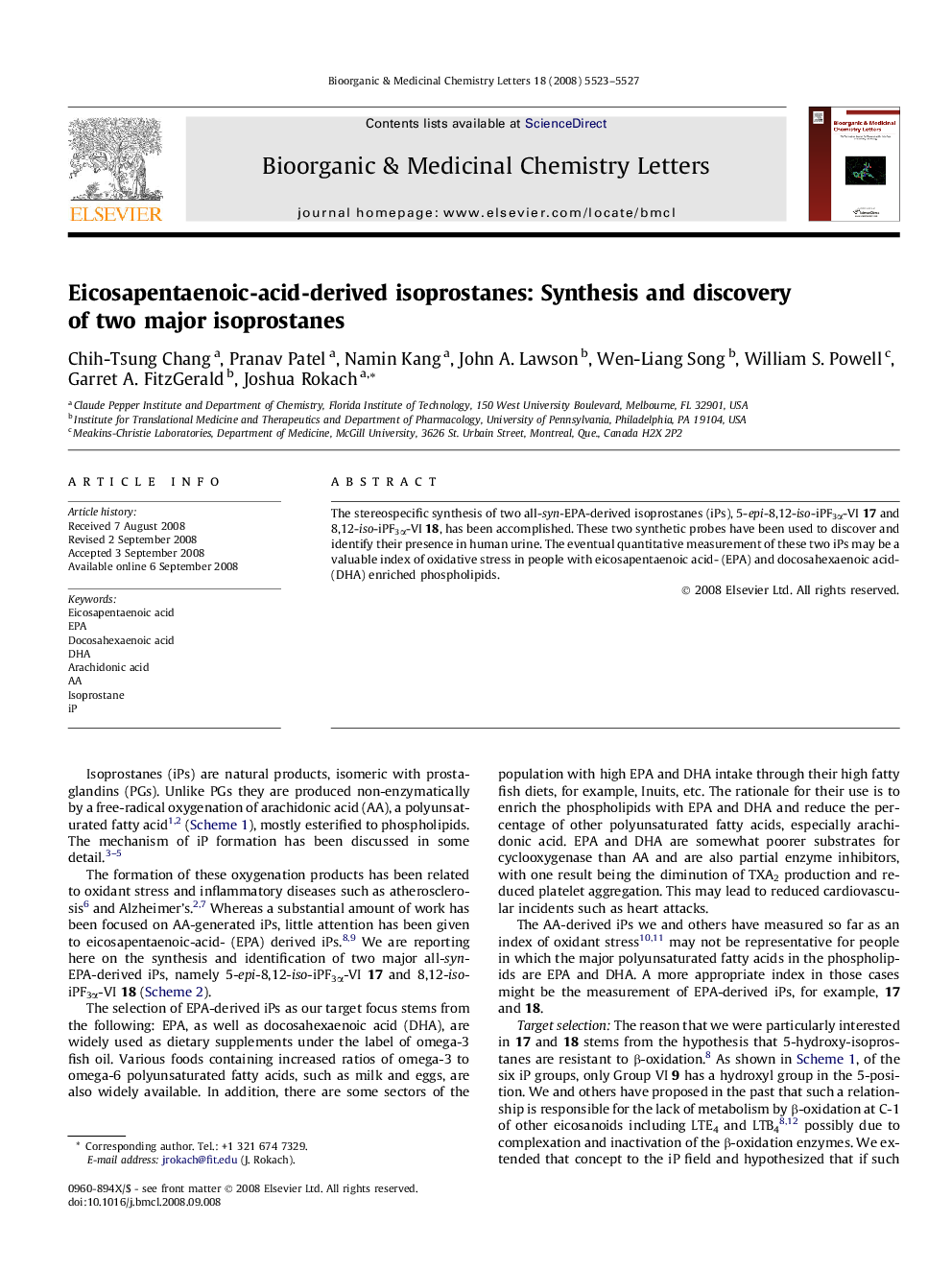 عکس صفحه اول مقاله: Eicosapentaenoic-acid-derived isoprostanes: Synthesis and discovery of two major isoprostanes Eicosapentaenoic-acid-derived isoprostanes: Synthesis and discovery of two major isoprostanes