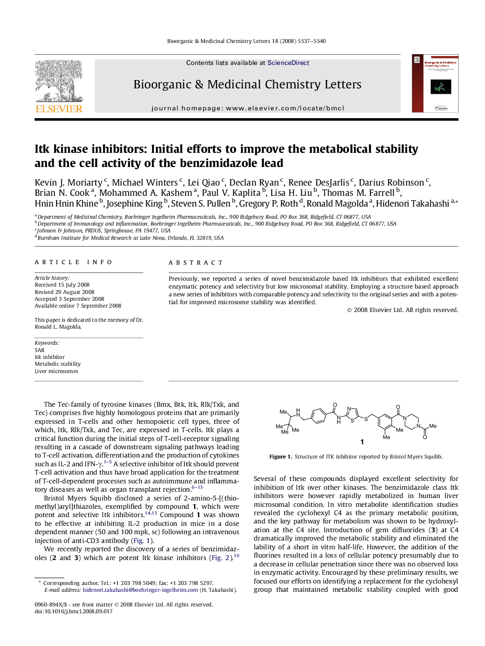 عکس صفحه اول مقاله: Itk kinase inhibitors: Initial efforts to improve the metabolical stability and the cell activity of the benzimidazole lead Itk kinase inhibitors: Initial efforts to improve the metabolical stability and the cell activity of the benzimidazole lead