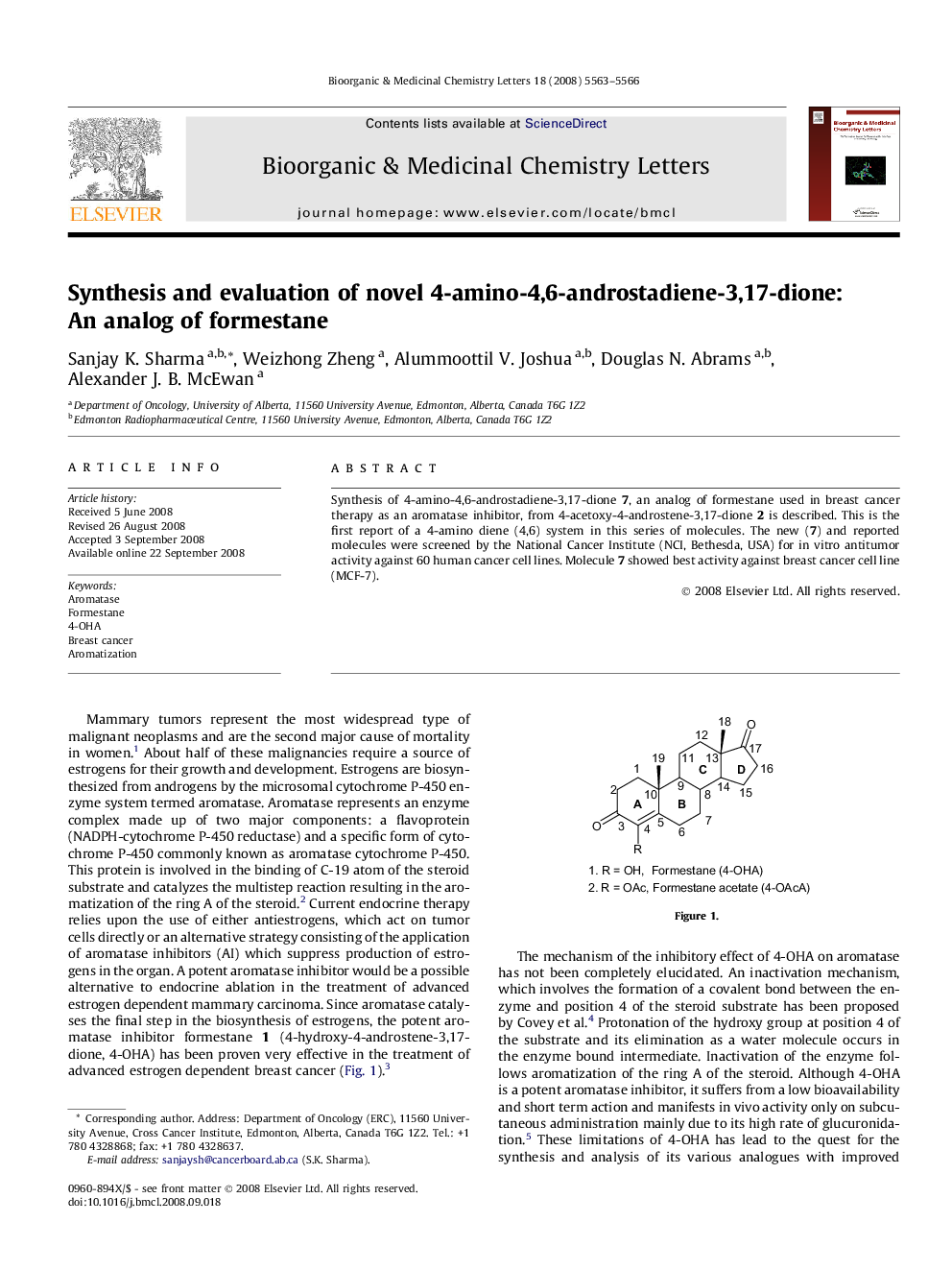 Synthesis and evaluation of novel 4-amino-4,6-androstadiene-3,17-dione: An analog of formestane