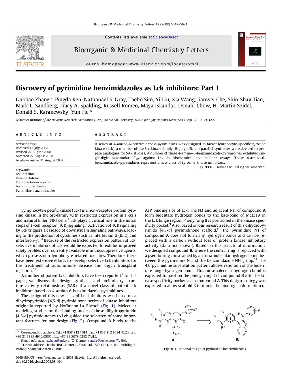 عکس صفحه اول مقاله: Discovery of pyrimidine benzimidazoles as Lck inhibitors: Part I Discovery of pyrimidine benzimidazoles as Lck inhibitors: Part I