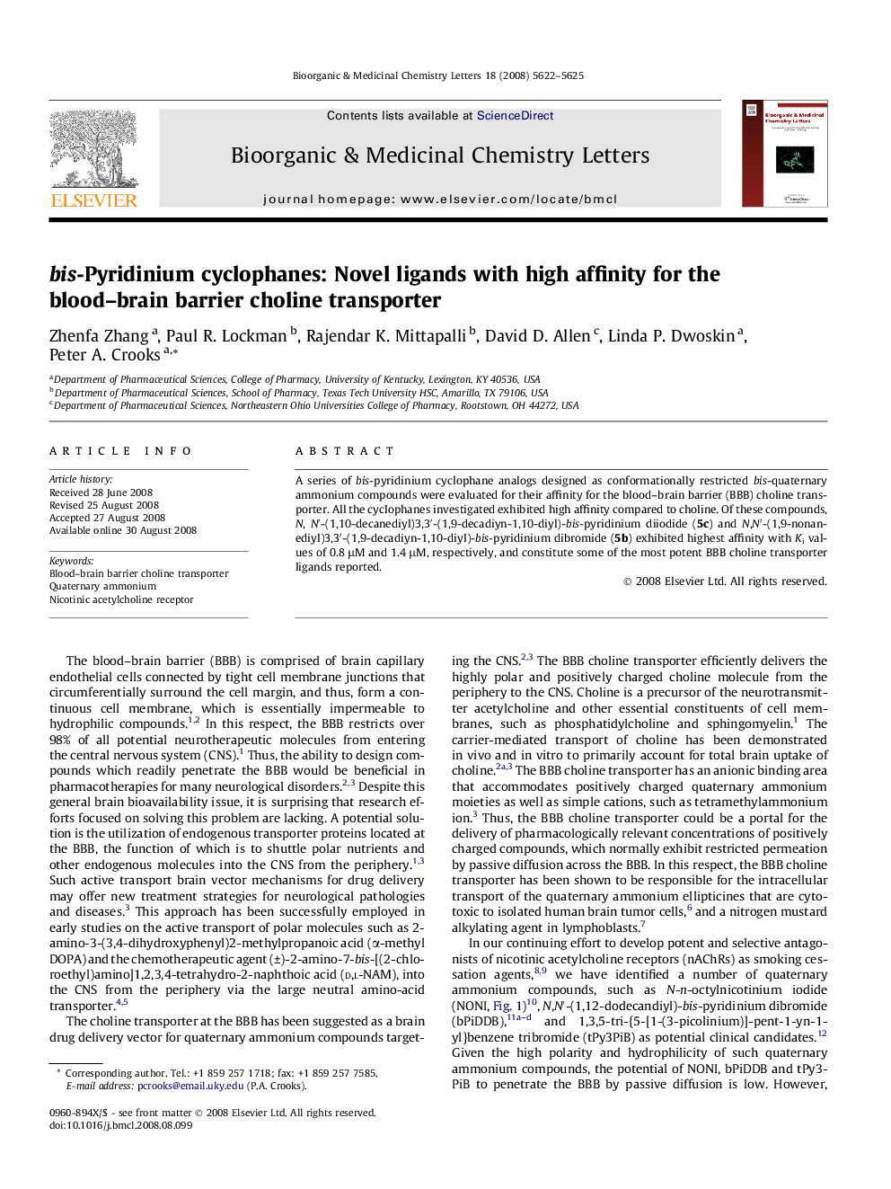 عکس صفحه اول مقاله: bis-Pyridinium cyclophanes: Novel ligands with high affinity for the blood–brain barrier choline transporter bis-Pyridinium cyclophanes: Novel ligands with high affinity for the blood–brain barrier choline transporter