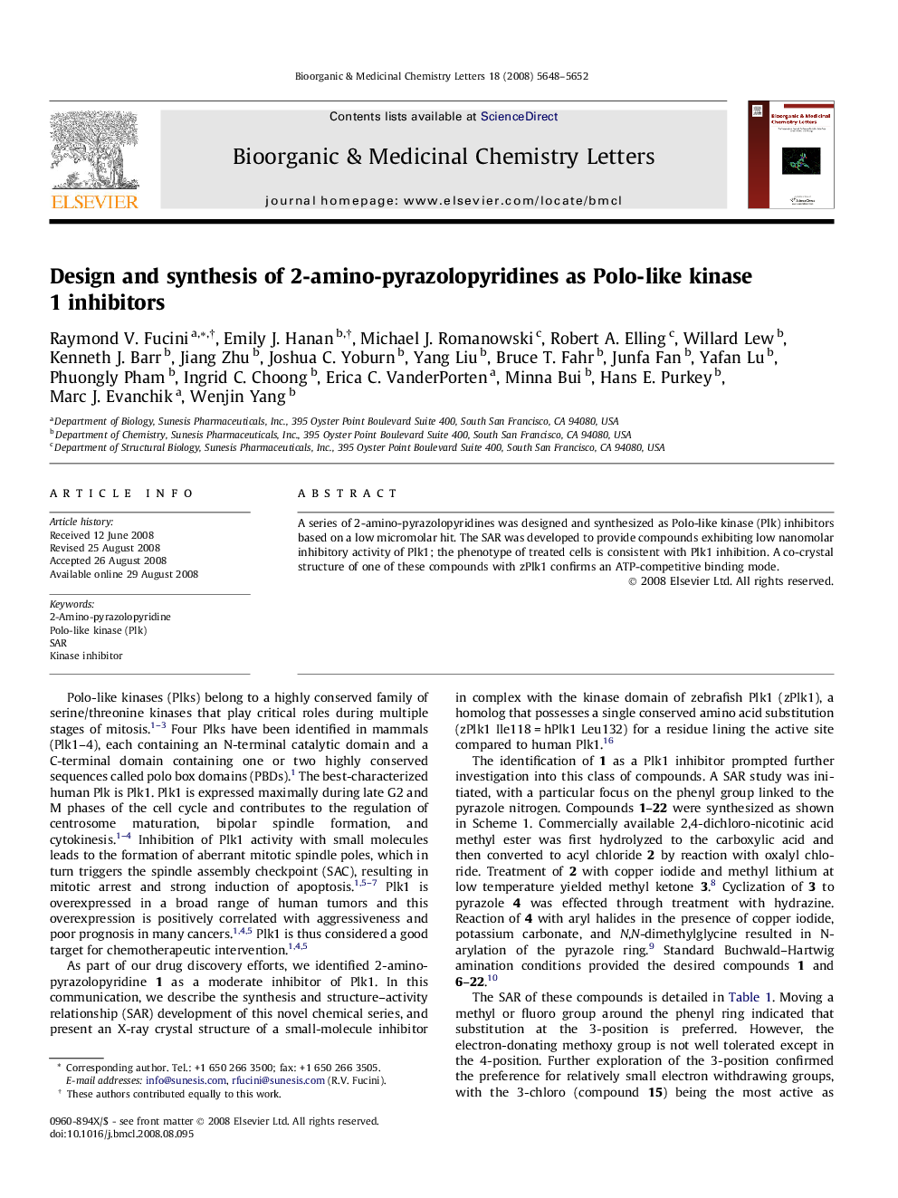 عکس صفحه اول مقاله: Design and synthesis of 2-amino-pyrazolopyridines as Polo-like kinase 1 inhibitors Design and synthesis of 2-amino-pyrazolopyridines as Polo-like kinase 1 inhibitors