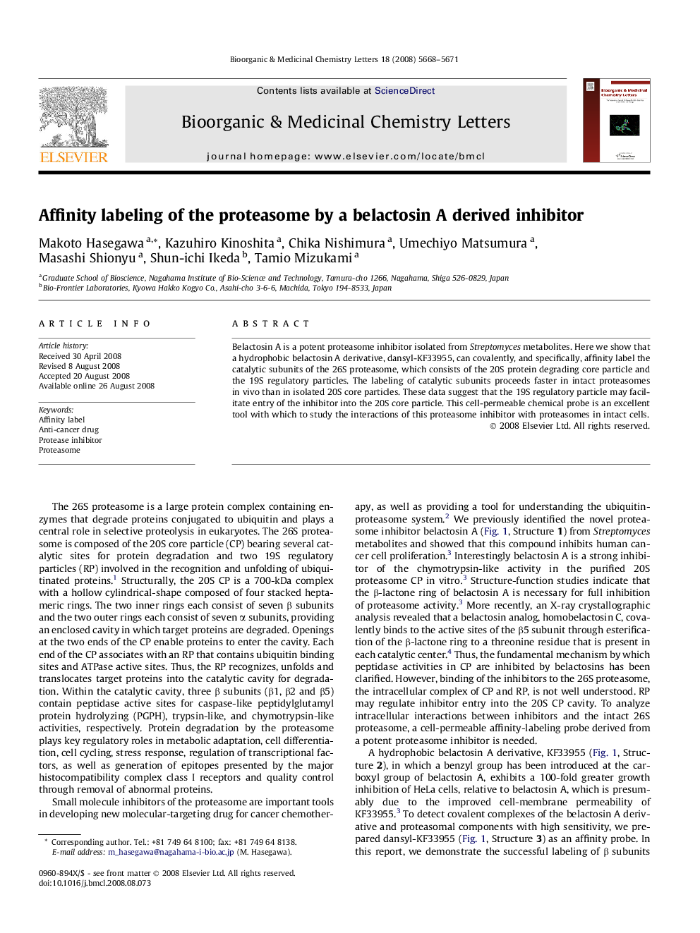 Affinity labeling of the proteasome by a belactosin A derived inhibitor