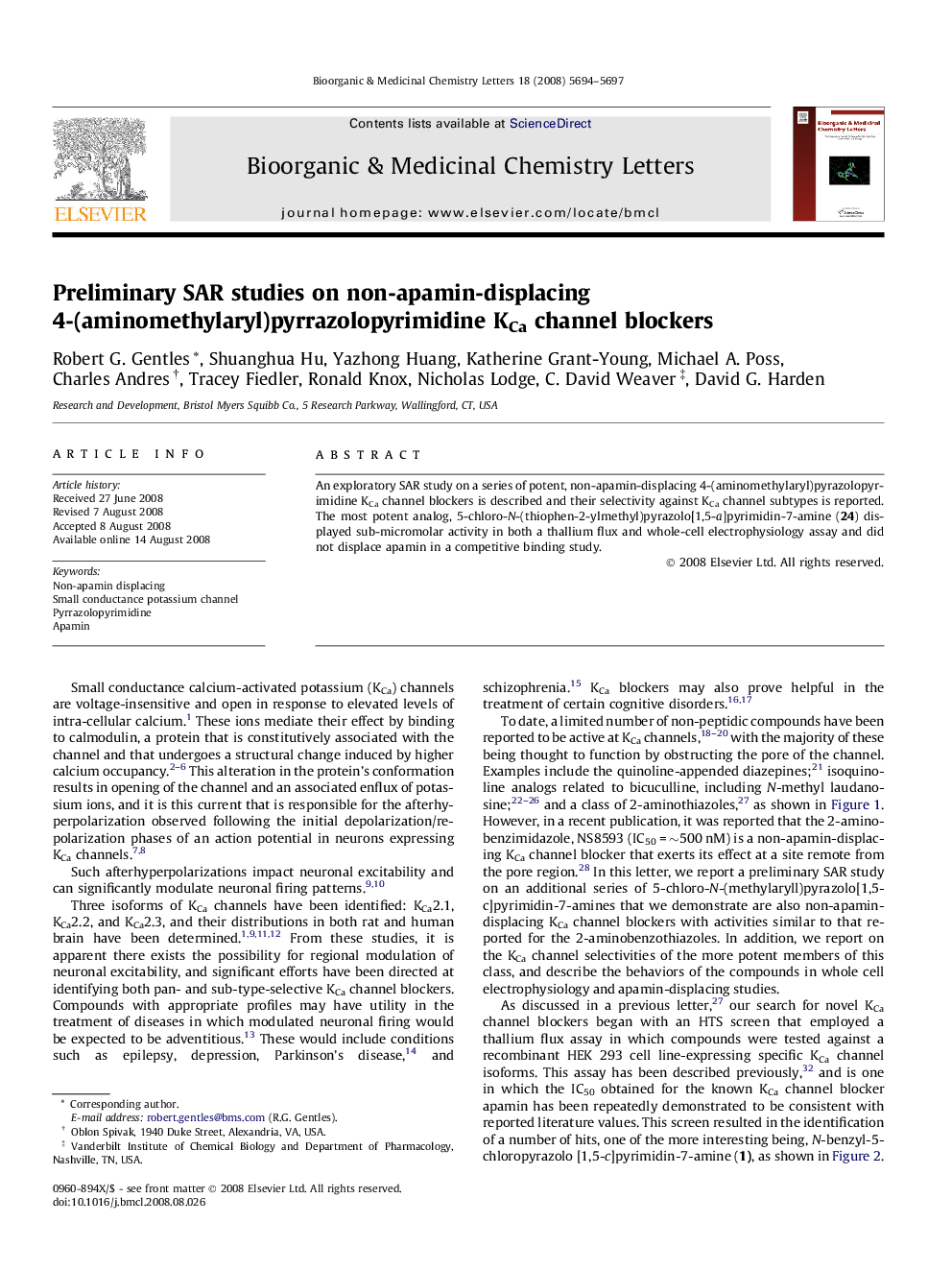 Preliminary SAR studies on non-apamin-displacing 4-(aminomethylaryl)pyrrazolopyrimidine KCa channel blockers