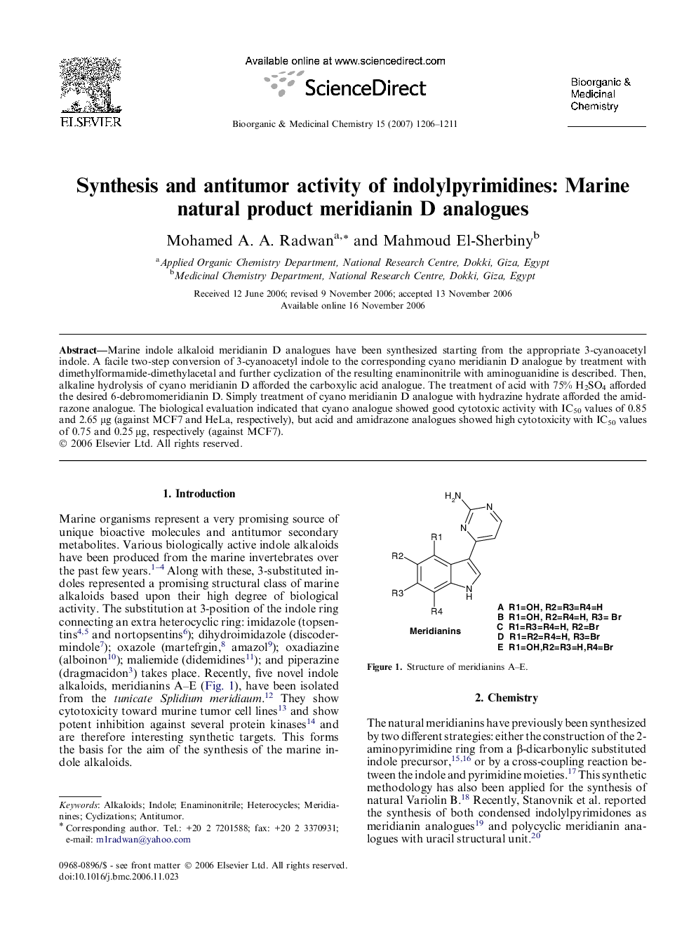 Synthesis and antitumor activity of indolylpyrimidines: Marine natural product meridianin D analogues