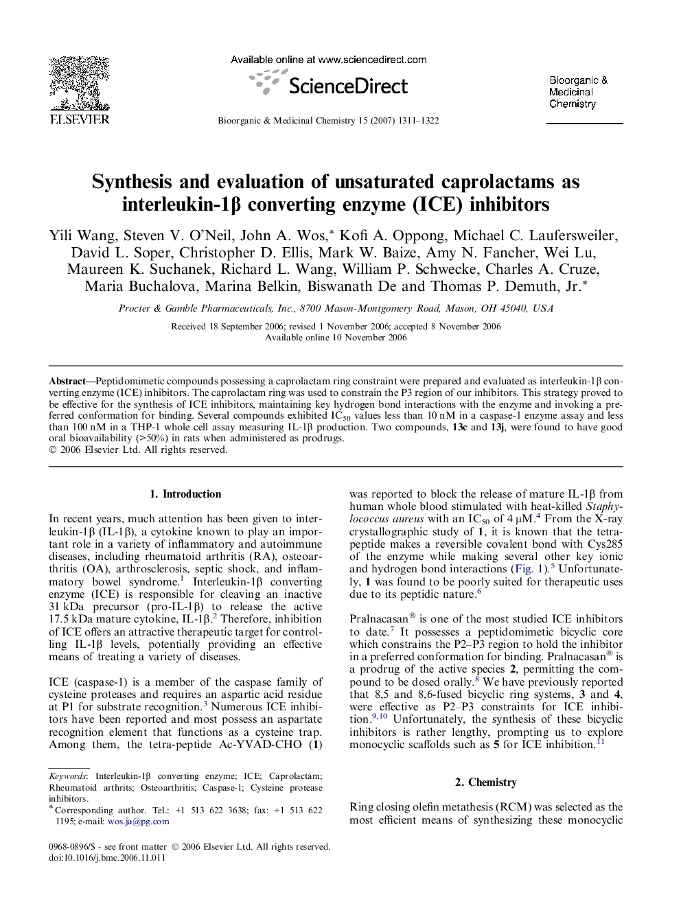 Synthesis and evaluation of unsaturated caprolactams as interleukin-1β converting enzyme (ICE) inhibitors