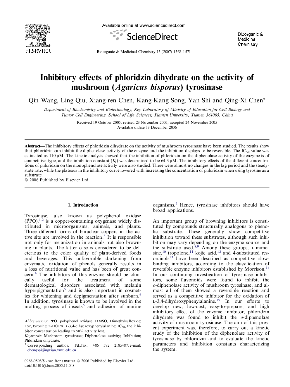 Inhibitory effects of phloridzin dihydrate on the activity of mushroom (Agaricus bisporus) tyrosinase