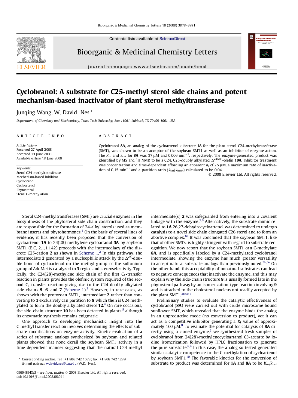 Cyclobranol: A substrate for C25-methyl sterol side chains and potent mechanism-based inactivator of plant sterol methyltransferase