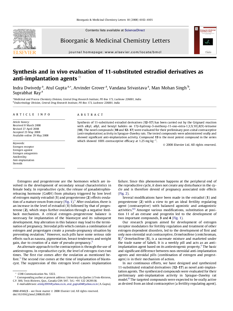 Synthesis and in vivo evaluation of 11-substituted estradiol derivatives as anti-implantation agents 