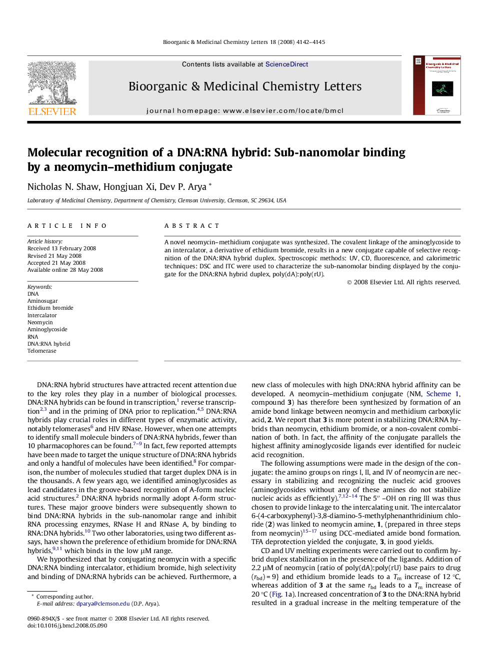 Molecular recognition of a DNA:RNA hybrid: Sub-nanomolar binding by a neomycin–methidium conjugate