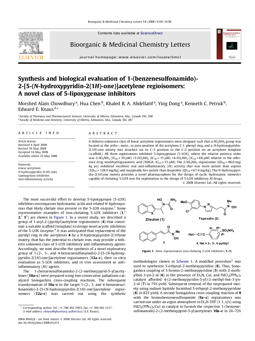 Synthesis and biological evaluation of 1-(benzenesulfonamido)-2-[5-(N-hydroxypyridin-2(1H)-one)]acetylene regioisomers: A novel class of 5-lipoxygenase inhibitors