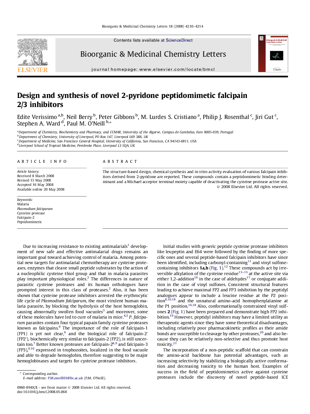 Design and synthesis of novel 2-pyridone peptidomimetic falcipain 2/3 inhibitors