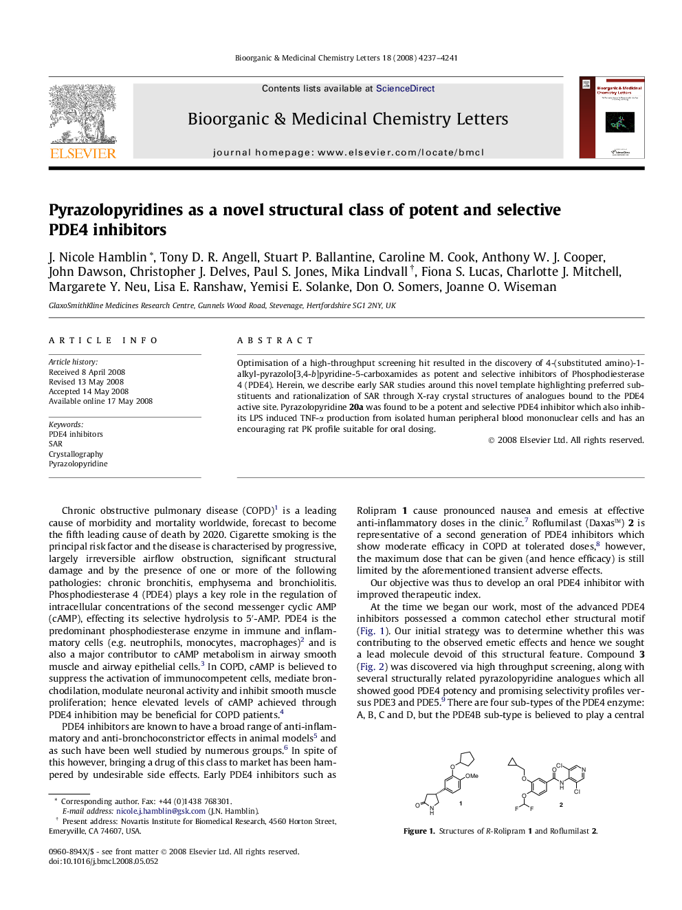 Pyrazolopyridines as a novel structural class of potent and selective PDE4 inhibitors