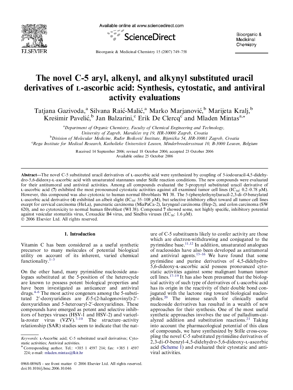 The novel C-5 aryl, alkenyl, and alkynyl substituted uracil derivatives of l-ascorbic acid: Synthesis, cytostatic, and antiviral activity evaluations