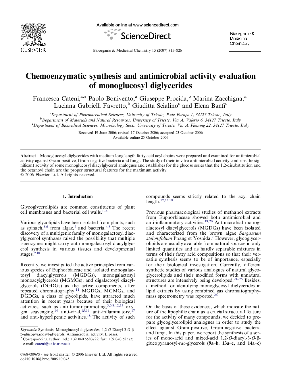 Chemoenzymatic synthesis and antimicrobial activity evaluation of monoglucosyl diglycerides